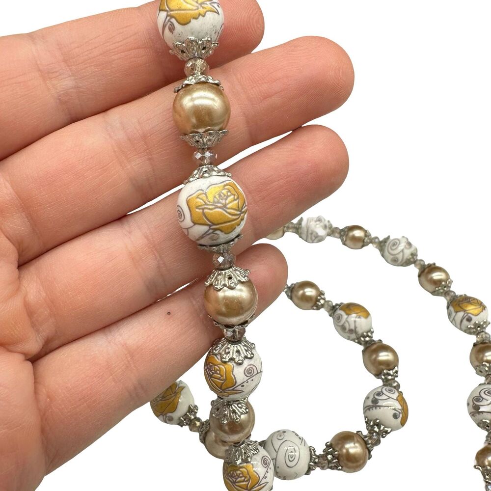 Vintage Necklace Bracelet Set In Ceramic Beaded Silvertone Floral Gold  Flower